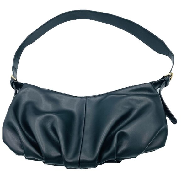 Cluci Purse Small Black Hobo Bag Creased Shoulder Wallet Hand Pockets Zip Strap